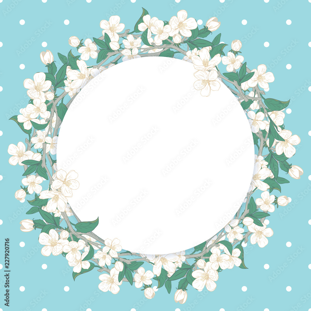 Cherry blossom round pattern on blue polka dot background Cherry blossom round pattern on blue polka dot background