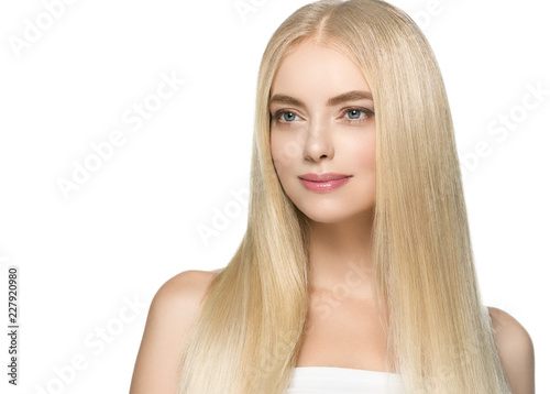 Beautiful blonde girl portrait, woman face with perfect long hairstyle.