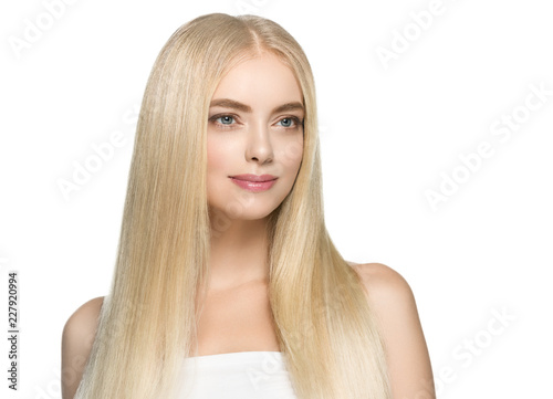Beautiful blonde woman smooth long hair portrait, female face with perfect long hairstyle.