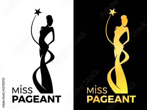 Miss lady pageant logo sign with queen wears evening gown and star around lady queen vector design photo
