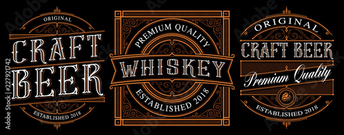 Vintage alcohol labels on dark background