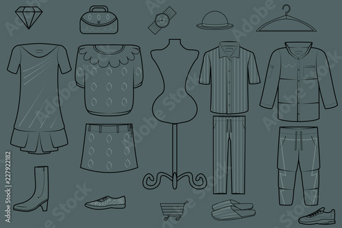 fashion set vector illustration line style for shopping concept and product category innovative template and icon isolated on dark grey background