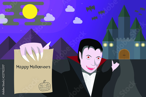 vector illustration - halloween background castle at night and vampire holds Invitation paper