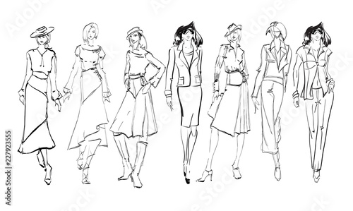 Sketch. Fashion Girls on a white background. Vector illustration