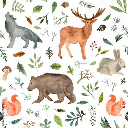 Fototapeta Naklejka Na Ścianę i Meble -  watercolor hand painted forest animals. brown bear, fawn, rabbit, wolf, squirrel. woodland animals seamless pattern.