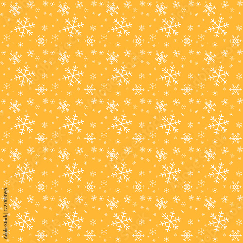 Snowflakes modern seamless pattern, wrapping paper with orange - gold backdrop and white snow flakes, seasonal texture background with luxury feel