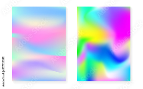 Hologram gradient background set with holographic cover. 90s, 80s retro style. Iridescent graphic template for book, annual, mobile interface, web app. Stylish minimal hologram gradient.