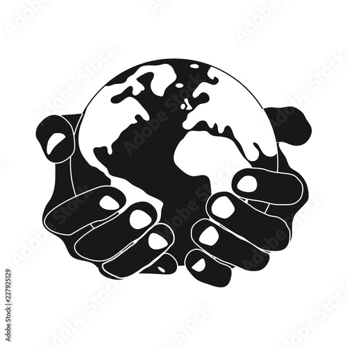 hands holding earth round on white background black symbol