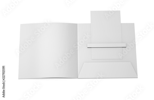 Blank white plastic card mockup inside paper booklet holder, mock up template on isolated white background, 3d illustration