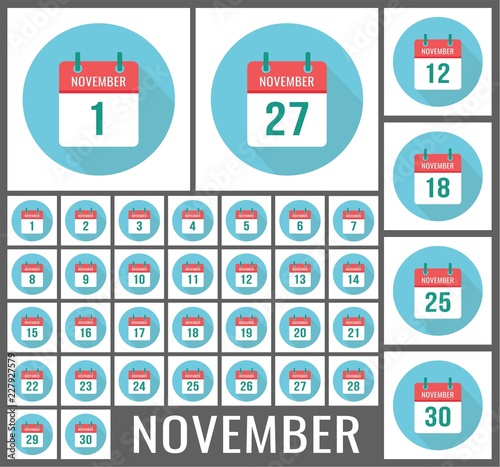 November calendar icon reminder. Vector page, holidays. 1, 2, 3, 4, 5, 6, 7, 8, 9, 10, 11, 12, 13, 14, 15, 16, 17, 18, 19, 20, 21, 22, 23, 24, 25, 26, 27, 28, 29 and 30 number ot the month photo