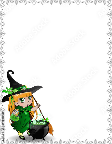 Halloween spider web template of cute baby witch girll in green costume and cauldron