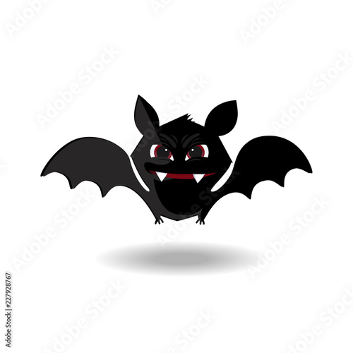 Cute flying bat with fangs and red eyes isolated on white background