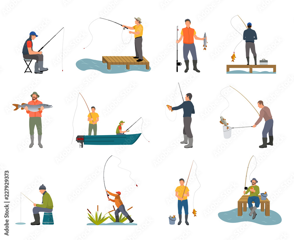 Fishers with Fishing Rod Set Vector Illustration
