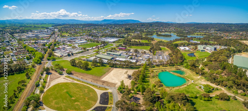 Aerial panorama of Lilydale suburb and mountains on bright sunny day. Melbourne, Australia