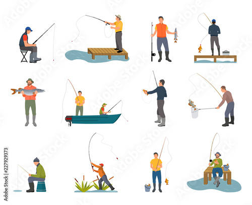 Leinwand Poster Fishers with Fishing Rod Set Vector Illustration