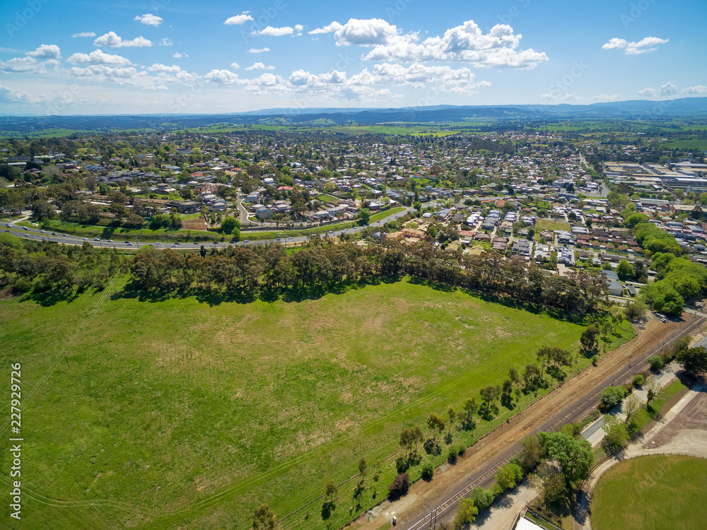 Aerial view of Maroondah Highway and Lilydale suburb on bright sunny day. Melbourne, Australia