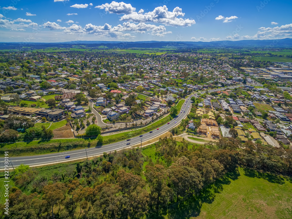 Aerial view of Maroondah Highway and urban area in Melbourne, Australia