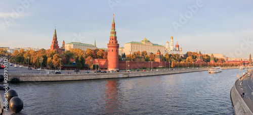 Moscow Kremlin panorama, view of the wall, towers, the Palace of Soviets, Ivan the Great Bell Tower and the Moscow River, autumn sunny day