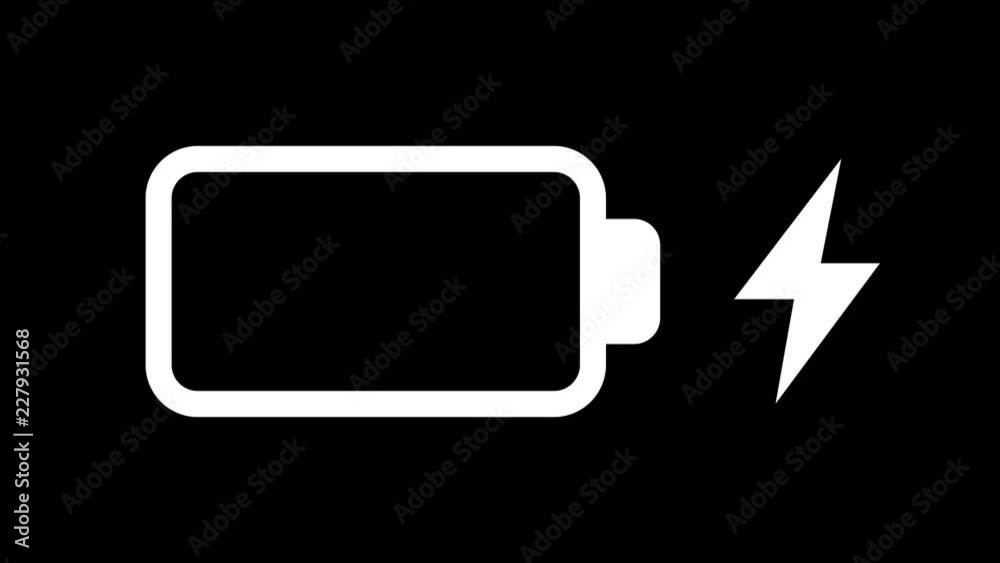 Simple 4K flat loopable animation of white green battery icon blinking and charging isolated on black background. 