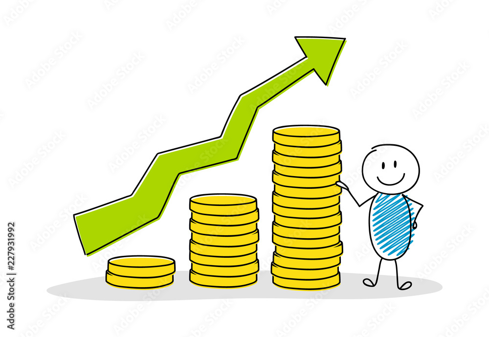 Stickman showing chart with coin stacks. Vector.