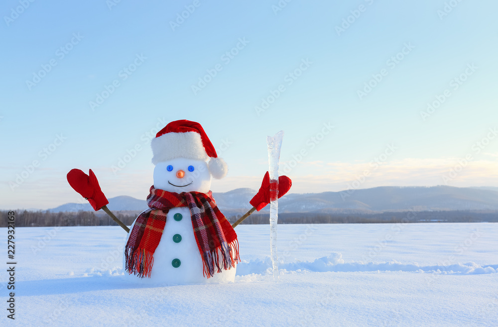 Obraz premium The snowman in plaid scarf, red hat, gloves and icicle in the hand. Nice landscape with the mountains on the background. Field covered with snow. Cold winter day.