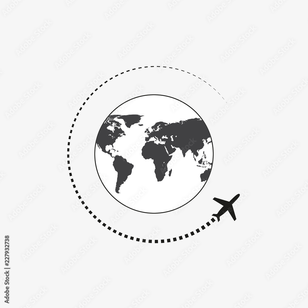 Airplane icon travel. Trip round the world.