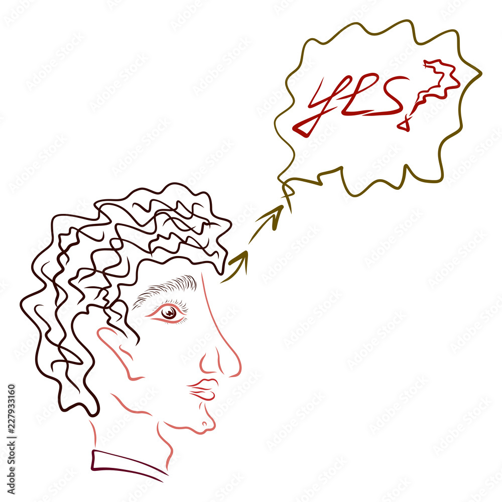 A man in doubt, thoughts, the word YES and a question A man in doubt, thoughts, the word YES and a question