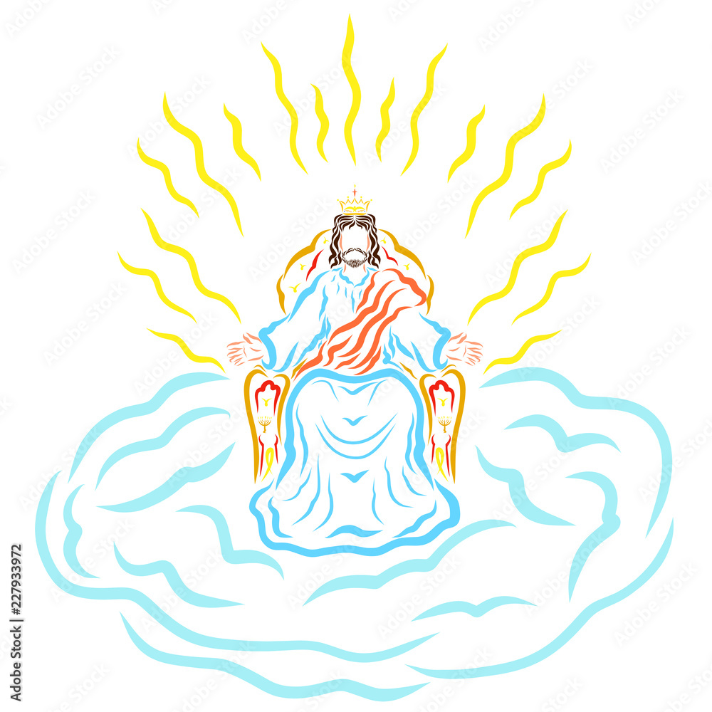 Jesus sitting on a throne in a crown, on a cloud, radiance of holiness