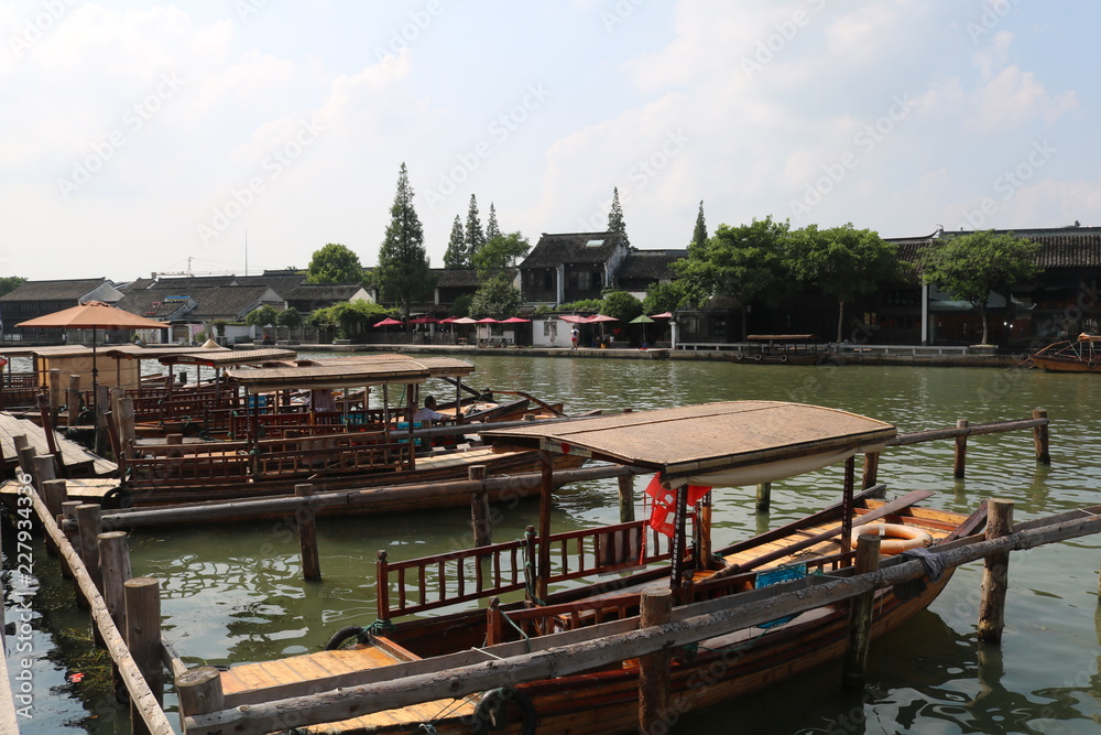 Boats in canal at Zhujiajiao ancient water town in Shanghai, China, Asia