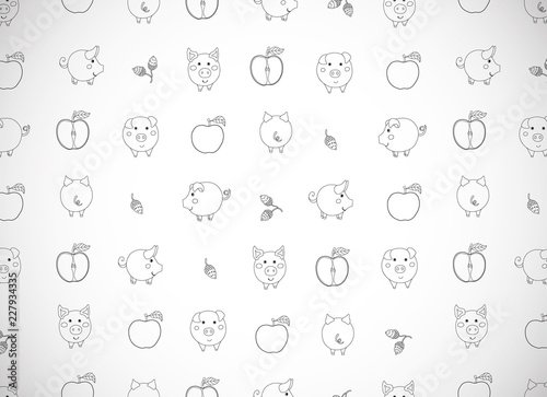Horizontal greeting card with cute cartoon contour pigs, apples and acorns. Vector