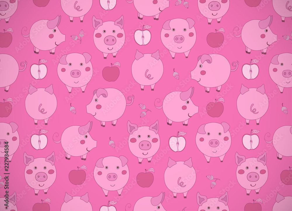 Fototapeta premium Horizontal greeting card with cute cartoon pink pigs, apples and acorns on dark pink. Vector