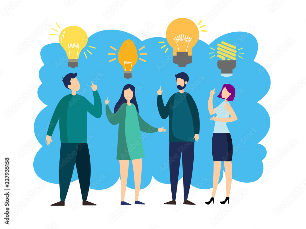People team with idea lamp. Business people metaphor in minimalistic flat style. Cartoon vector illustration People team with idea lamp. Business people metaphor in minimalistic flat style. Cartoon vector illustration