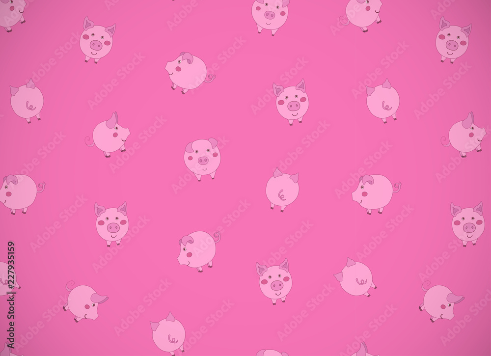 Horizontal greeting card with cute cartoon pink pigs, apples and acorns on dark pink. Vector Horizontal greeting card with cute cartoon pink pigs, apples and acorns on dark pink. Vector