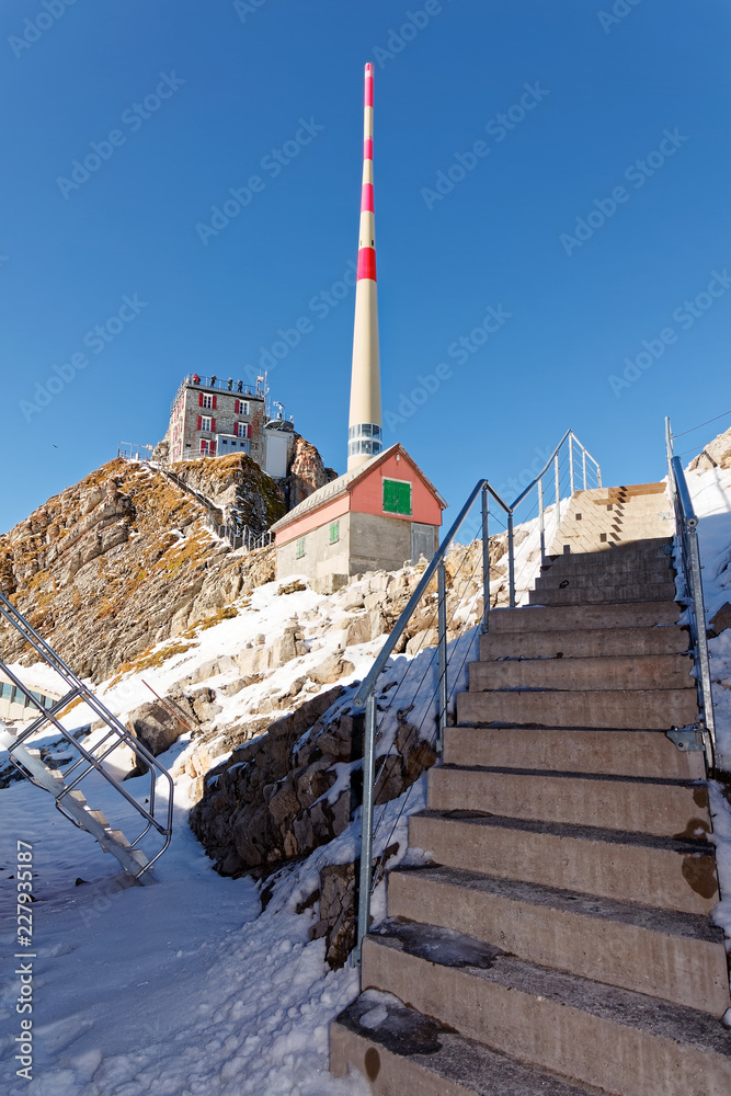 Sunny, first snow, views of Säntis summit in Alpstein, Appenzell Alps, Switzerland