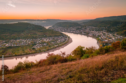 Sunrise at the Rhine village by Boppard Germany, Picturesque bend of the river Rhine near the town Boppard Filsen , Wine area middle Rhine Valley, Germany. Rhine Valley is UNESCO World Heritage Site photo