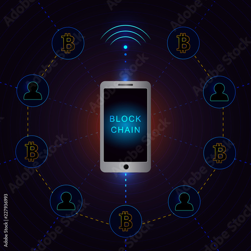 Blockchain network using smartphone banner .Circle blocks connection with each other and shapes crypto chain. Blockchain cryptocurrencies global network technology e-commerce business management.