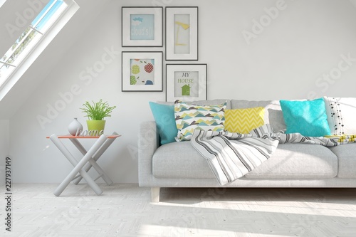 Idea of white minimalist room with sofa. Scandinavian interior design. 3D illustration
