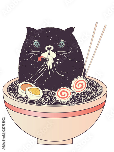 Bowl of ramen and black cat