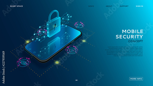 Mobile security modern concept. Smart app protects smart phone from thefts and hacker attacks. Internet of things technology of automatic protection. Vector illustration.