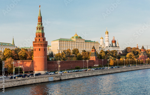 Moscow, view of the Kremlin, the Kremlin Embankment, the Water Tower, the Annunciation Tower, the Taynitskaya Tower, the Grand Kremlin Palace and the Assumption Cathedral, autumn