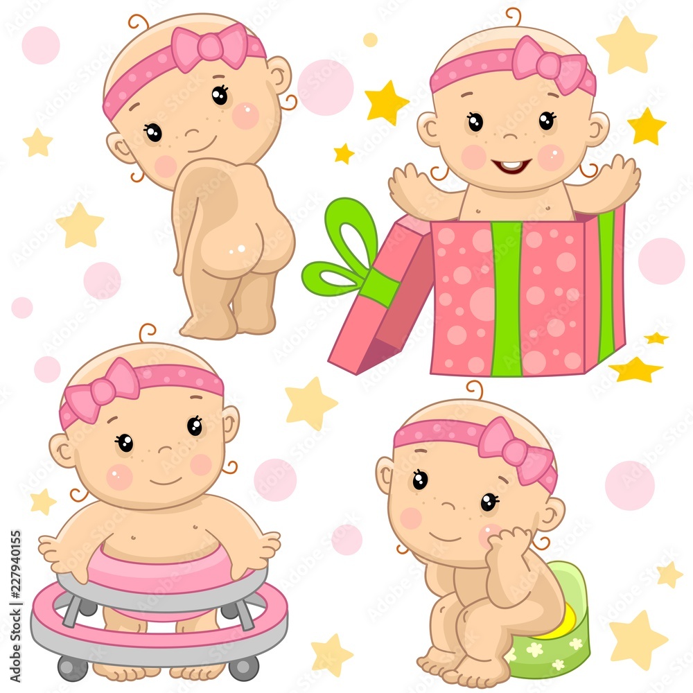 A set of illustrations of icons with a baby girl, stands with his back without clothes, on holiday he crawls out of a gift box, learns to walk in a walking device, sits on a slide in the toilet. A set of illustrations of icons with a baby girl, stands with his back without clothes, on holiday he crawls out of a gift box, learns to walk in a walking device, sits on a slide in the toilet.