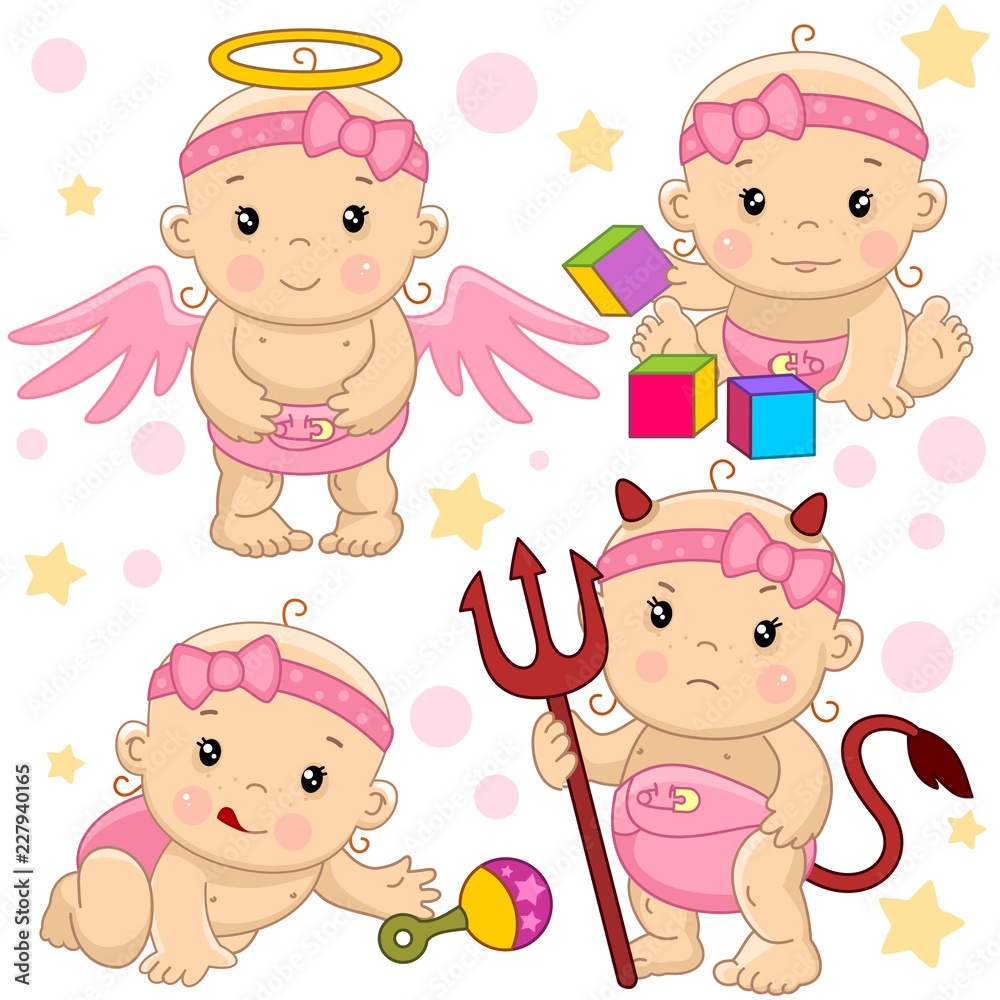 A set of icons with a little girl, a kind angel with wings, an evil devil with horns and a tail and with a pitchfork, crawls and reaches for a toy rattle, sits and plays in cubes.