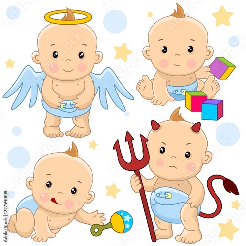 A set of icons with a little boy, a kind angel with wings, an evil devil with horns and a tail and with a pitchfork, crawls and reaches for a toy rattle, sits and plays in cubes.