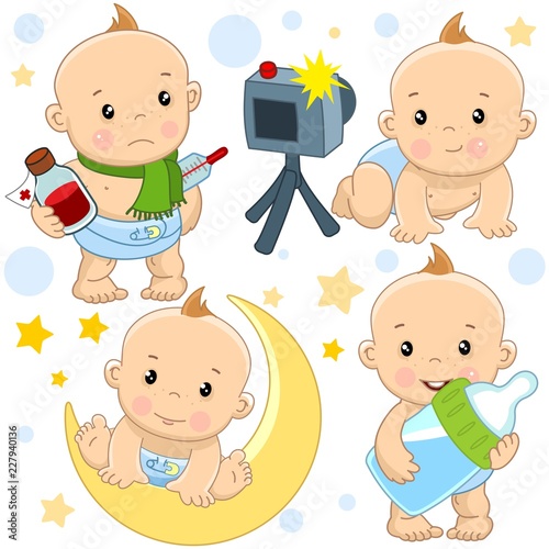 A set of illustrations of icons with a baby boy, sick with a thermometer and medicine medicine, a photo session is photographed, sits for a month, stands with food with a big bottle of milk.