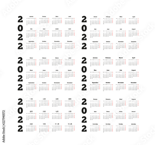 Set of 2022 year simple calendars on different languages like english, german, russian, french, spanish and chinese isolated on white