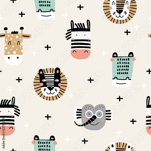 Baby seamless pattern with hand drawn animals. Trendy scandinavian vector background. Vector texture in childish style great for fabric and textile, wallpapers, backgrounds.
