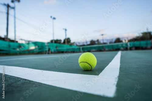 The beginning of a champion  Close up tennis ball on the courts background.