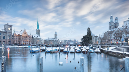 Old Zurich town in winter, view on lake photo