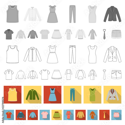 Different kinds of clothes flat icons in set collection for design. Clothes and style vector symbol stock web illustration.
