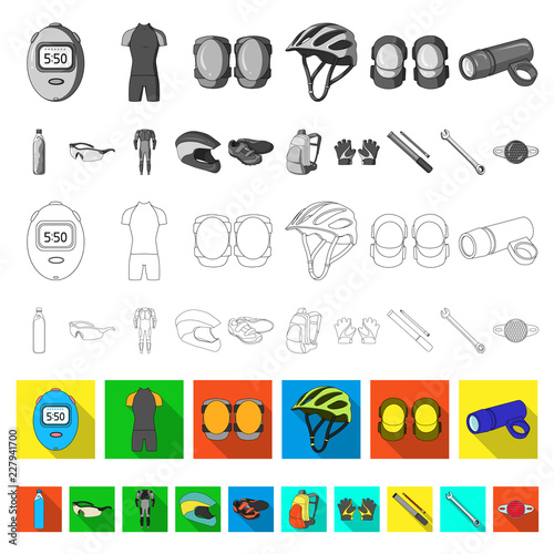 Bicycle outfit flat icons in set collection for design. Bicycle and tool vector symbol stock web illustration.